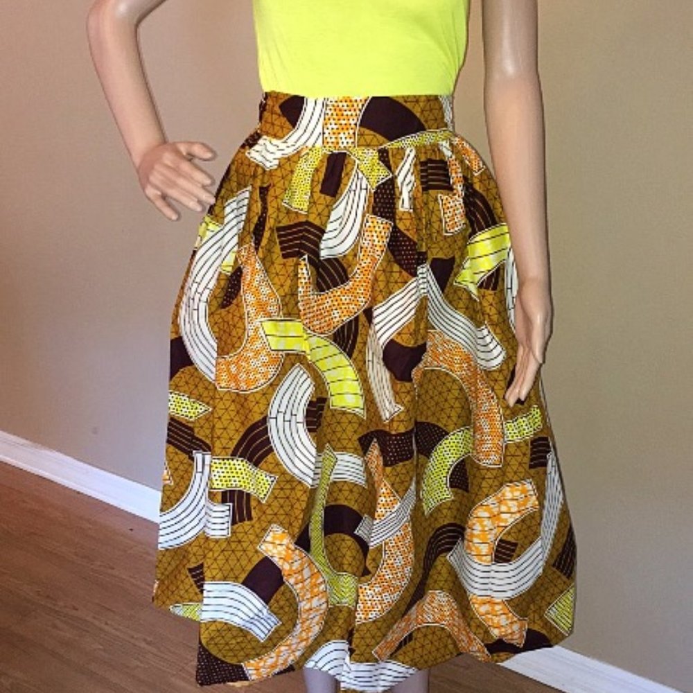100% Cotton African Wax Fabric Calf Length Skirt